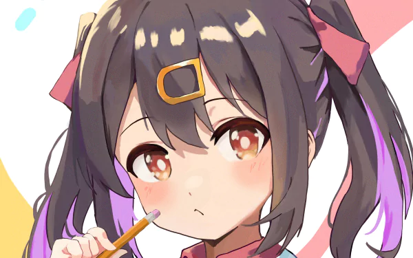 Mihari Oyama (Onimai: I'm Now Your Sister!) close-up anime portrait — twin‑tails with ribbons, warm brown eyes, nibbling a pencil. 2K Quad HD PC desktop wallpaper and background.