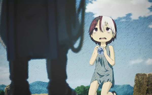 HD PC desktop wallpaper, Made in Abyss — The Golden City of the Scorching Sun: anime scene of a frightened child kneeling before a shadowy figure beneath a cloudy blue sky.