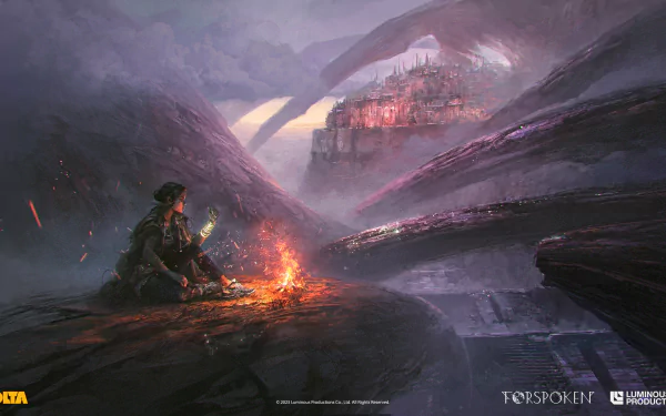 Forspoken video game 4K Ultra HD PC desktop wallpaper: lone protagonist at a campfire on a rocky ledge, misty mountains and a glowing fortress city in the distance under stormy skies.