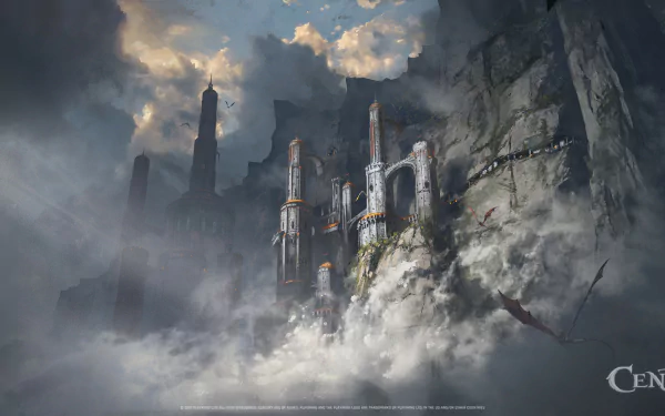 Century: Age of Ashes 2K Quad HD PC wallpaper, fog-shrouded cliffside fortress with towering spires, cascading waterfalls and dragons circling beneath stormy skies.