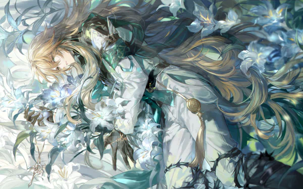 Luocha from Honkai: Star Rail is depicted surrounded by delicate flowers, showcasing vibrant colors in this stunning 4K Ultra HD PC desktop wallpaper.