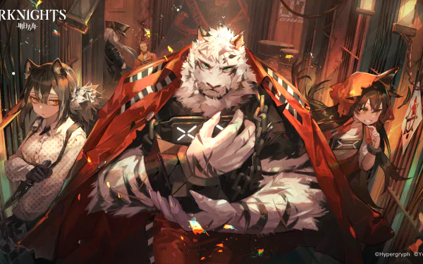 2K Quad HD PC desktop wallpaper and background: Mountain (Arknights), a white tiger operator in a red cloak, stands center with two allies in a lantern-lit interior — cinematic Arknights video game art.