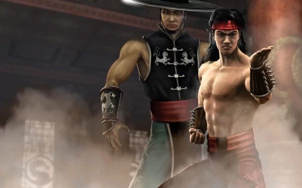 A high-definition desktop wallpaper featuring characters from the video game Mortal Kombat, set against a dynamic, misty background that enhances their fighting poses.