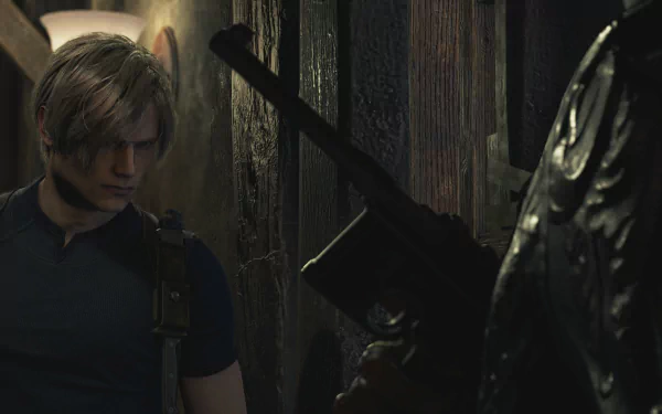Resident Evil 4 (2023) HD PC desktop wallpaper: Leon S. Kennedy in a dim corridor, tense as a shadowed figure aims a shotgun at him.