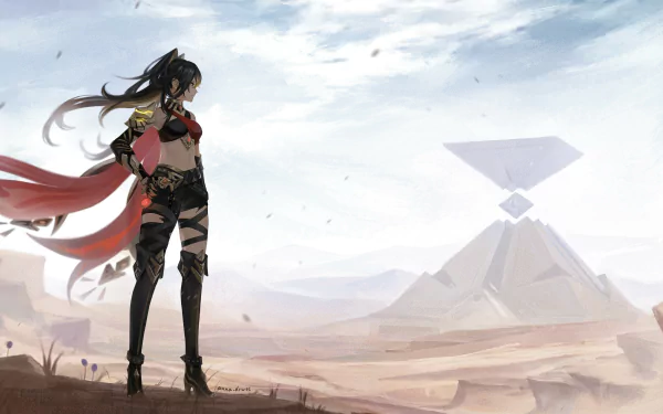 Dehya from Genshin Impact stands confidently in a vast desert landscape, captured in an 8K Ultra HD video game wallpaper for PC desktop backgrounds.