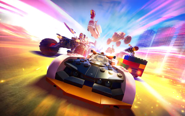 Dynamic HD desktop wallpaper featuring a LEGO 2K Drive scene with vivid colors and fast-paced racing action.