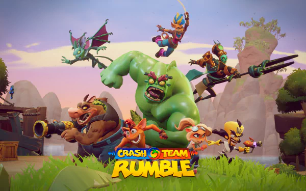 HD desktop wallpaper from Crash Team Rumble featuring animated characters engaging in dynamic, action-packed gameplay.