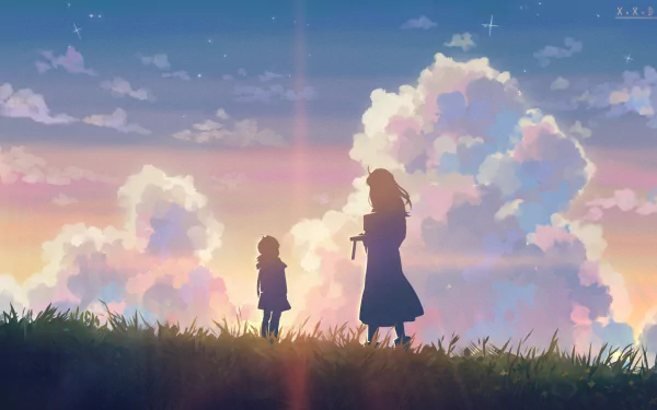 HD PC desktop wallpaper featuring Suzume Iwato and Souta Munakata from the anime Suzume no Tojimari against a vibrant sky with soft clouds at sunset.