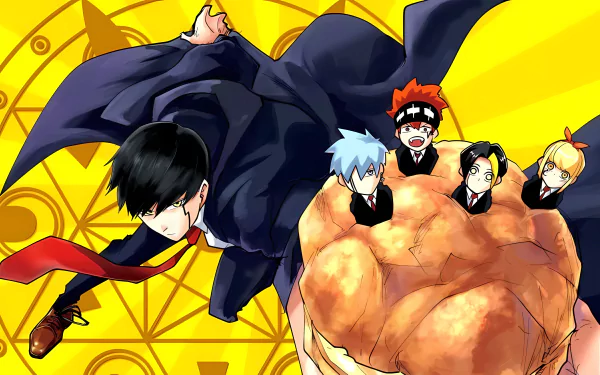 4K Ultra HD anime wallpaper featuring Mash Burnedead from Mashle: Magic and Muscles with dynamic poses and vibrant yellow background.