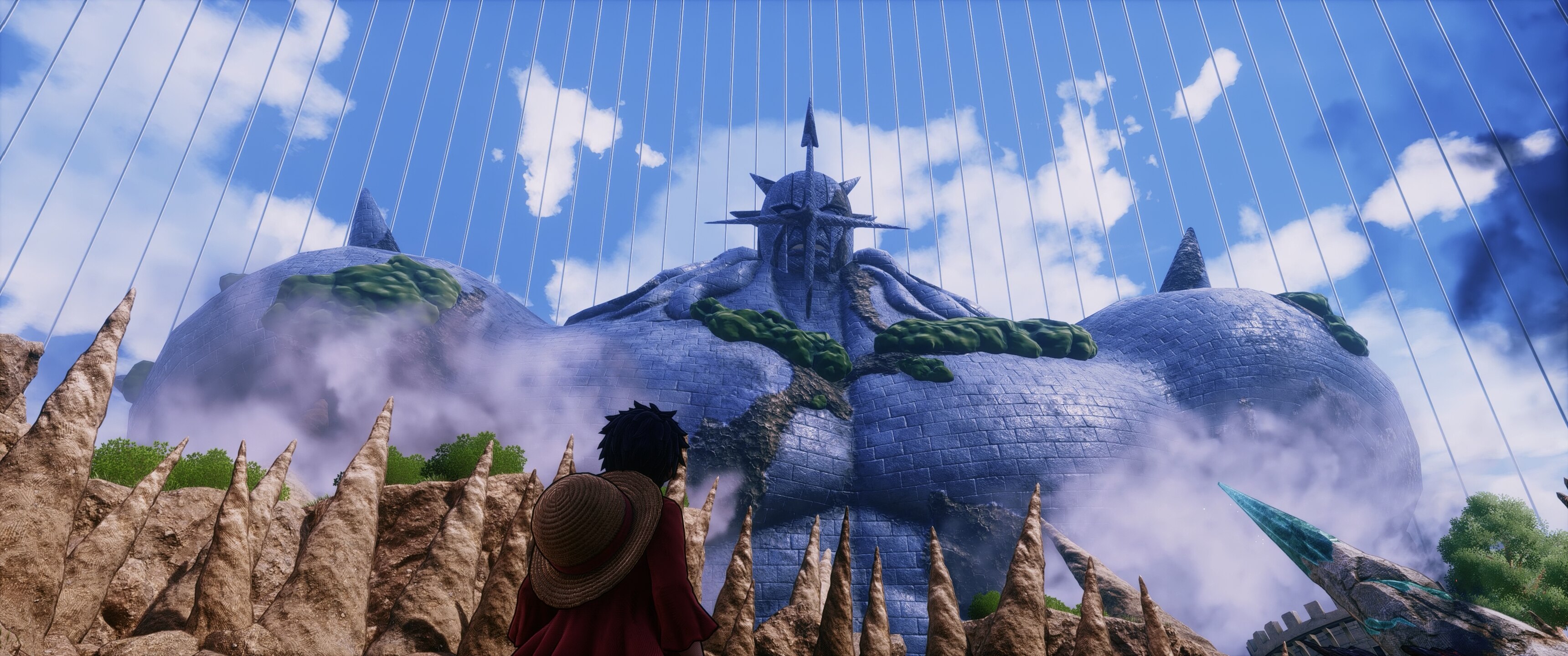 HD desktop wallpaper from One Piece Odyssey depicting a character looking at a mystical castle atop a massive turtle, set against a sky filled with clouds and strings.
