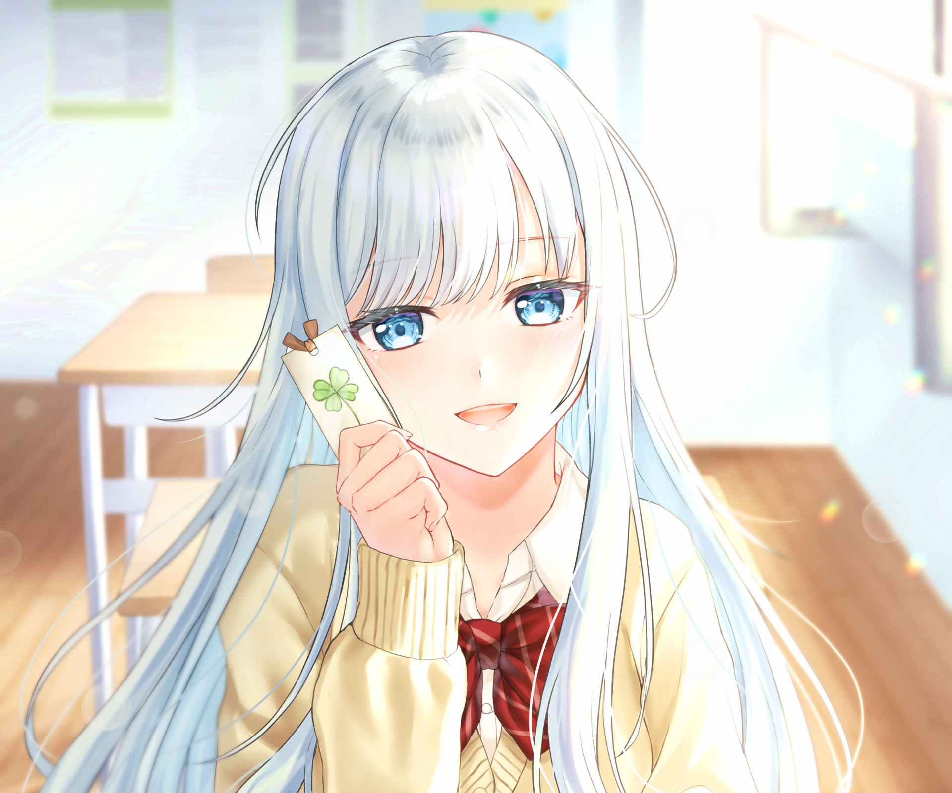 2K Quad HD PC desktop wallpaper/background of an anime girl: silver‑haired, blue‑eyed schoolgirl smiling in a sunlit classroom, holding a clover bookmark — Anime, girl, anime girl.