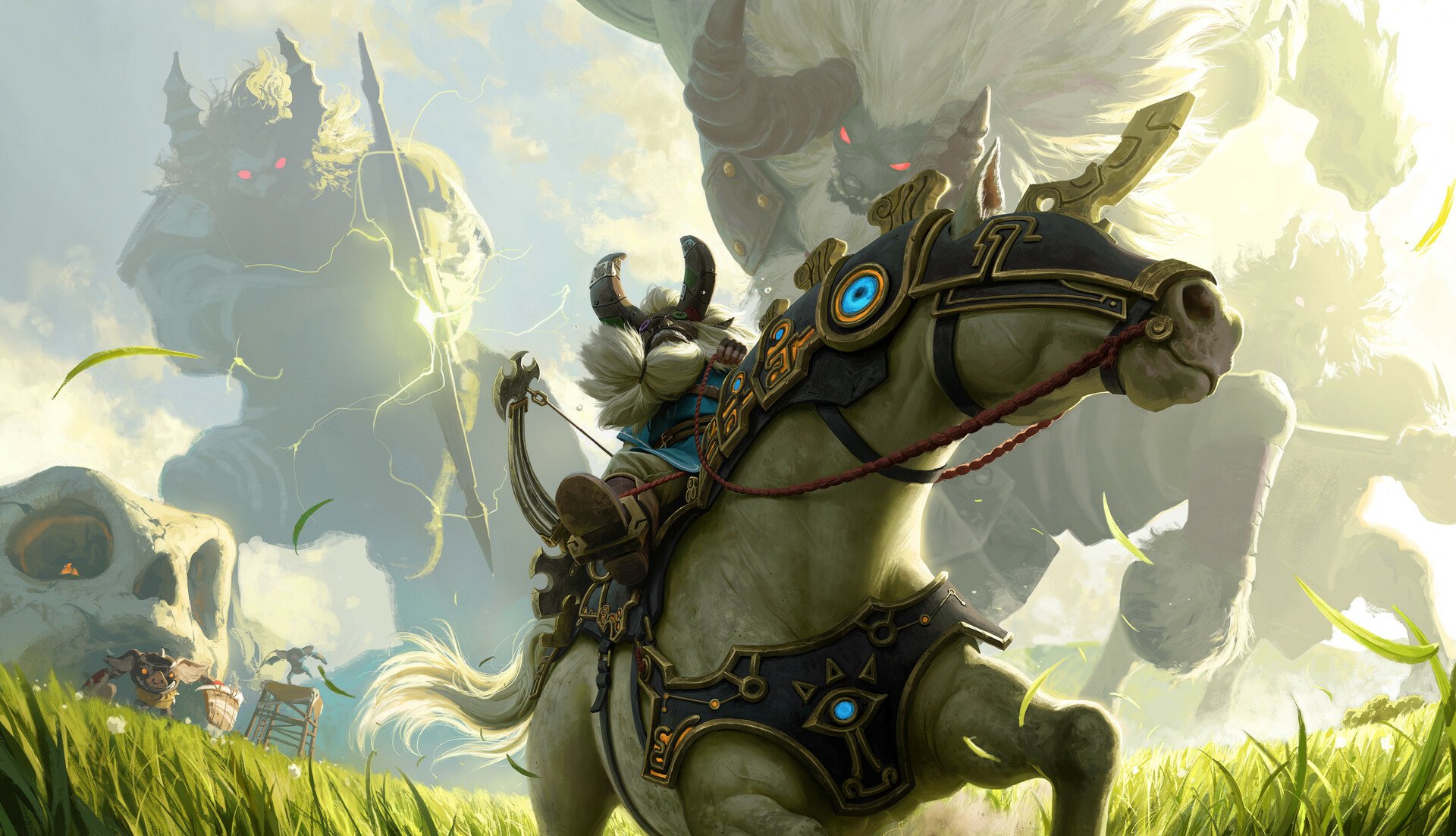 HD desktop wallpaper featuring a scene from the video game The Legend of Zelda, showing a warrior on horseback confronting giant stone creatures in a grassy field.