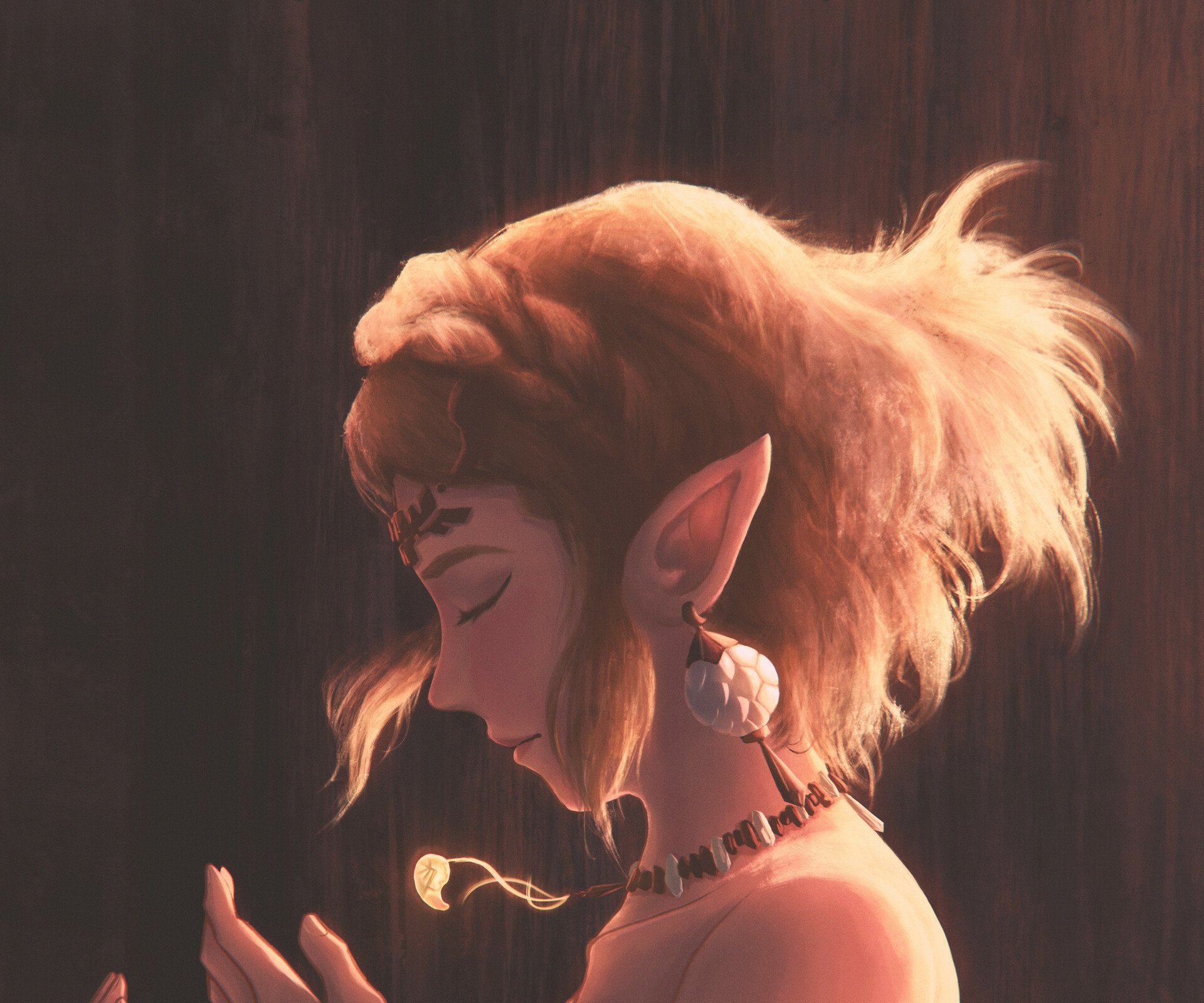 HD PC wallpaper featuring a detailed, side profile of Princess Zelda from the video game The Legend of Zelda: Tears of the Kingdom with soft lighting and warm tones.