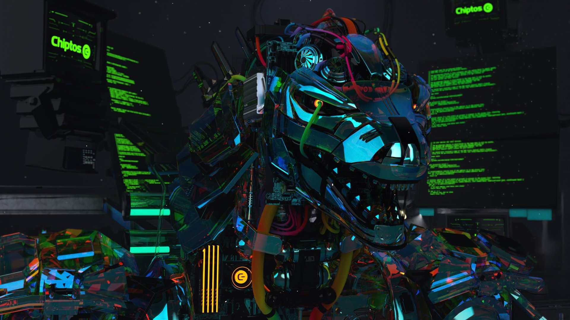2K Quad HD PC desktop wallpaper and background of a neon-lit cybernetic robot head with exposed cables and holographic green code overlays in a dark, futuristic lab.