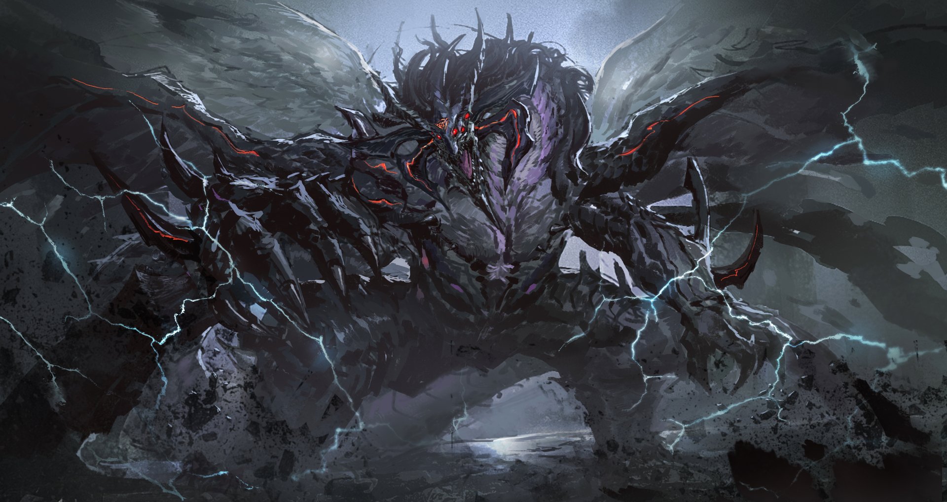 4K Ultra HD anime wallpaper featuring a dark, menacing dragon-like creature from Yu-Gi-Oh! amid a stormy, lightning-filled sky.