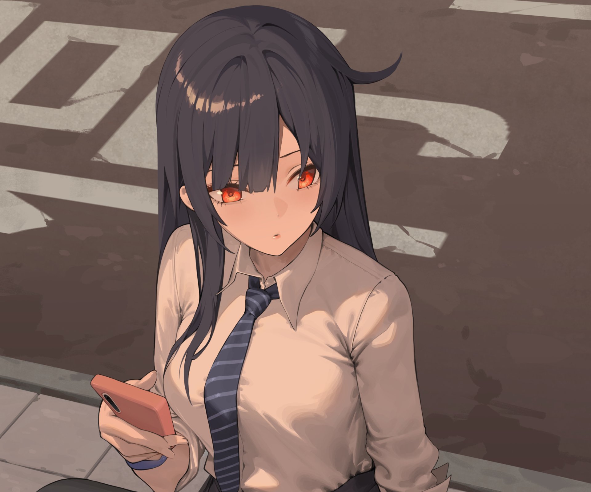 HD anime desktop wallpaper featuring a dark-haired anime girl with red eyes, wearing a white shirt and striped tie, set against an urban street background.