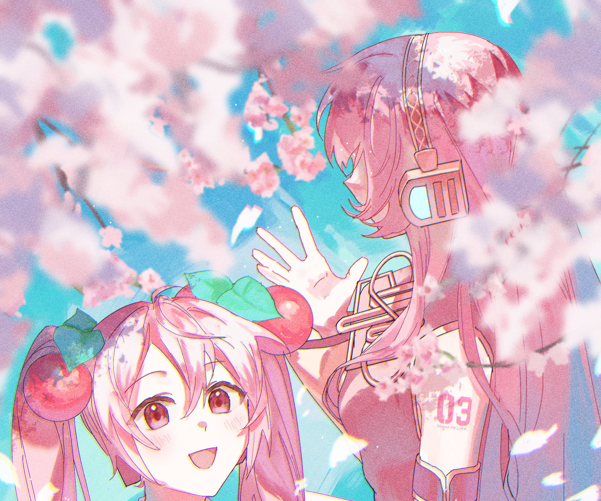 HD anime-style desktop wallpaper featuring Vocaloid characters Luka Megurine and Hatsune Miku surrounded by vibrant cherry blossoms in a bright, colorful scene.