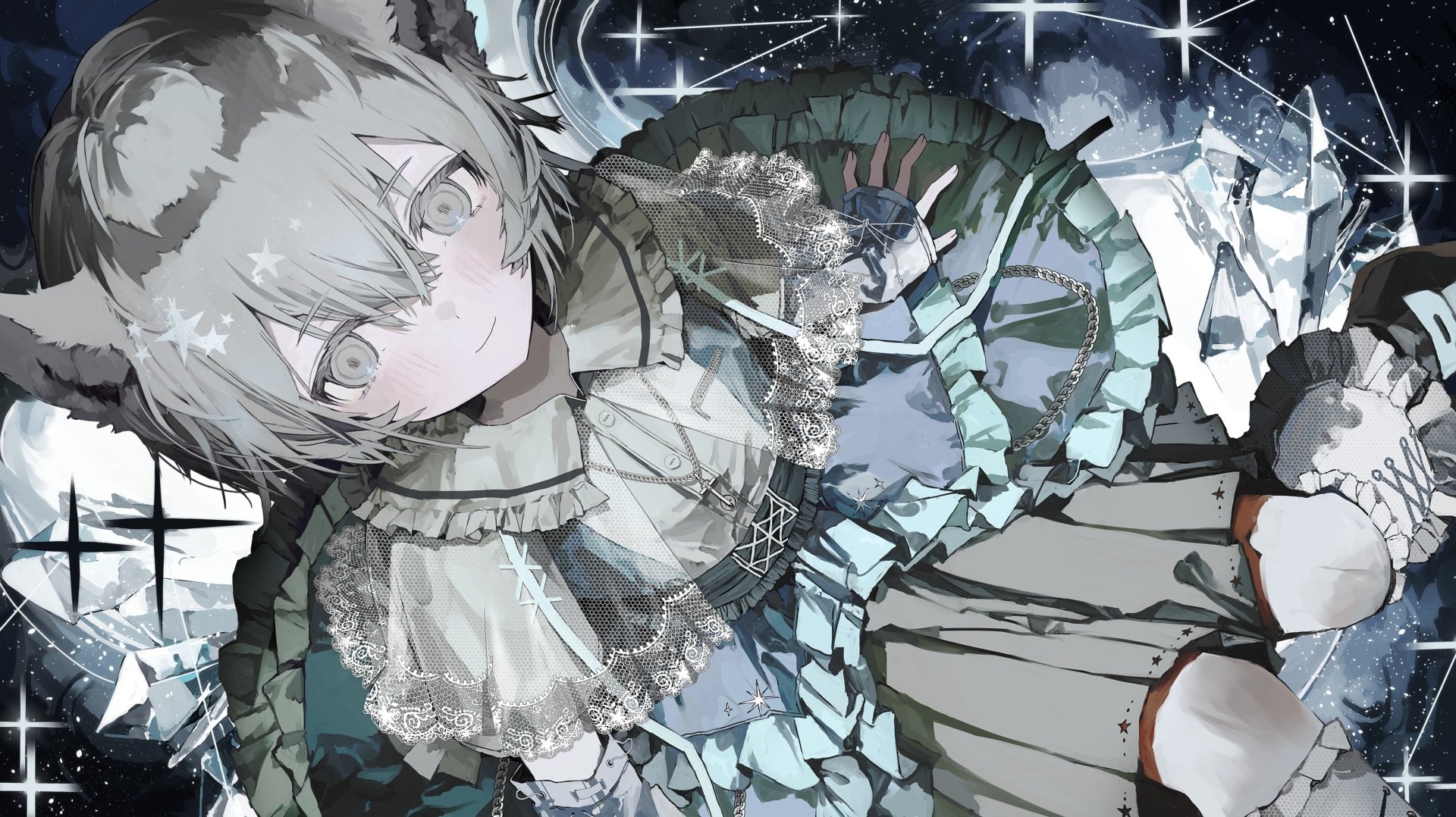 HD anime desktop wallpaper featuring a detailed anime girl with light hair and a frilly outfit set against a starry, cosmic background.