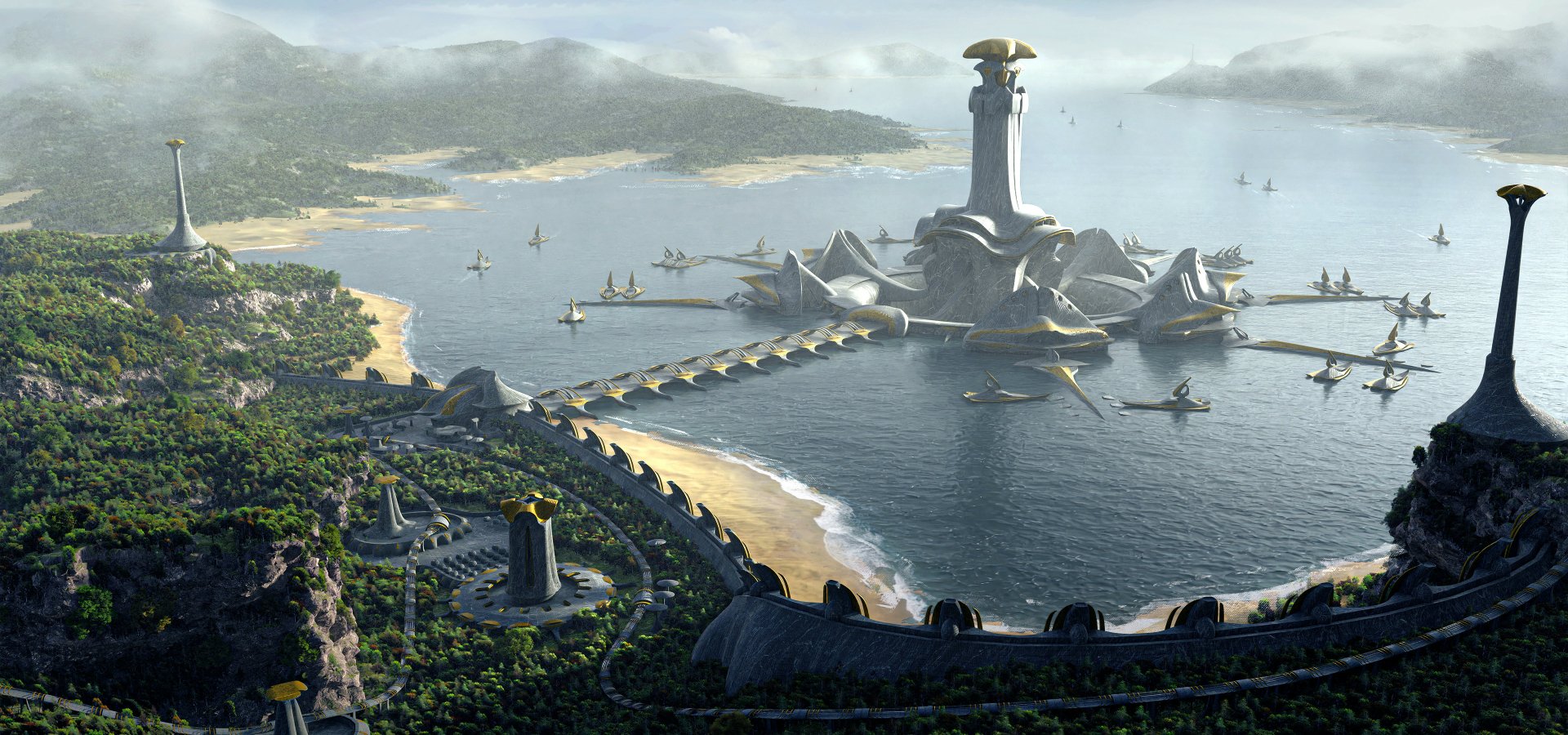 Sci-fi structure: towering futuristic lighthouse on an artificial island linked by a causeway to a landscaped coastal city, calm ocean with boats and distant isles — 2K Quad HD PC desktop wallpaper.