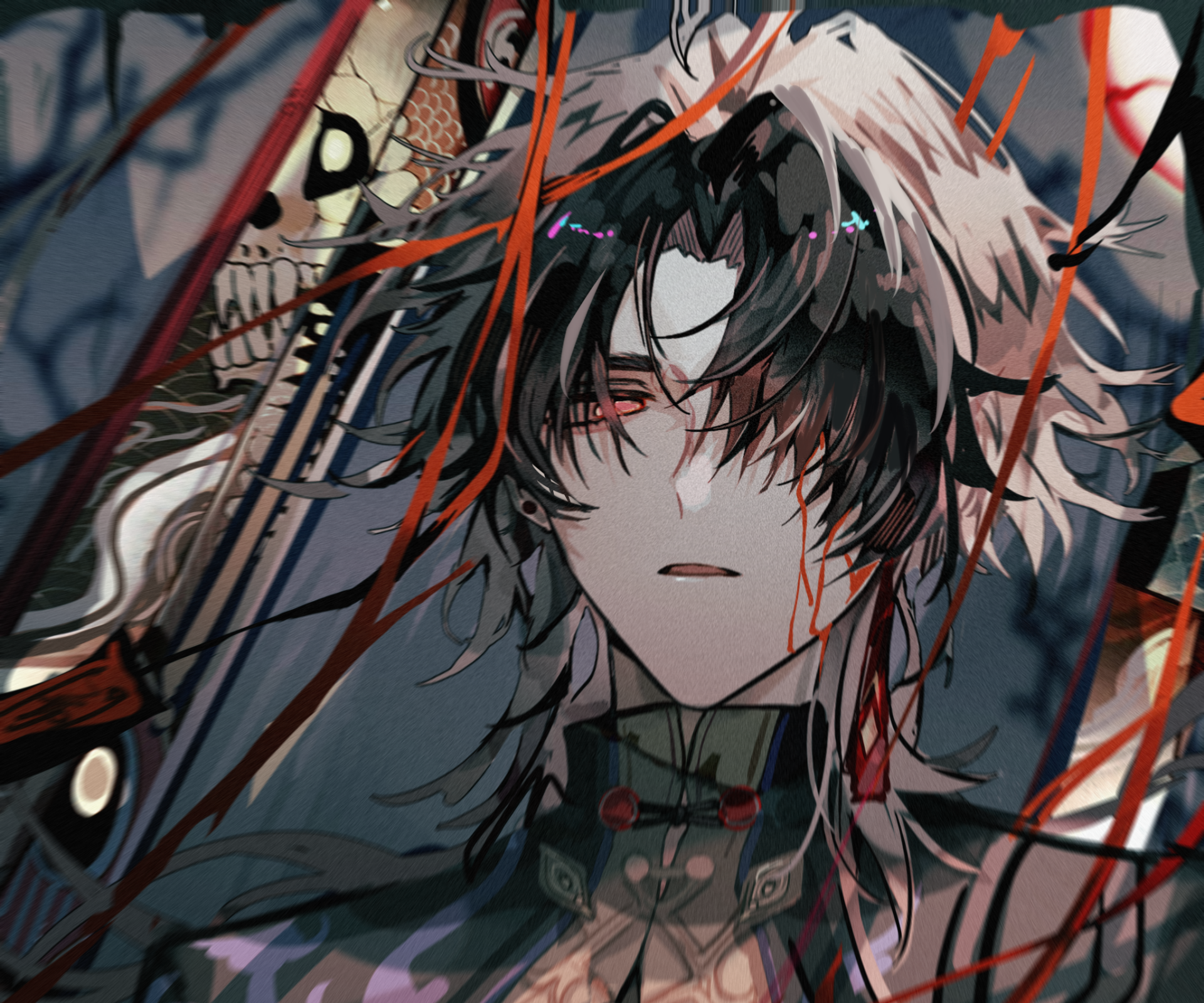 HD PC desktop wallpaper featuring Blade from the video game Honkai: Star Rail, showcasing detailed anime-style art with dark, intricate elements and red accents.