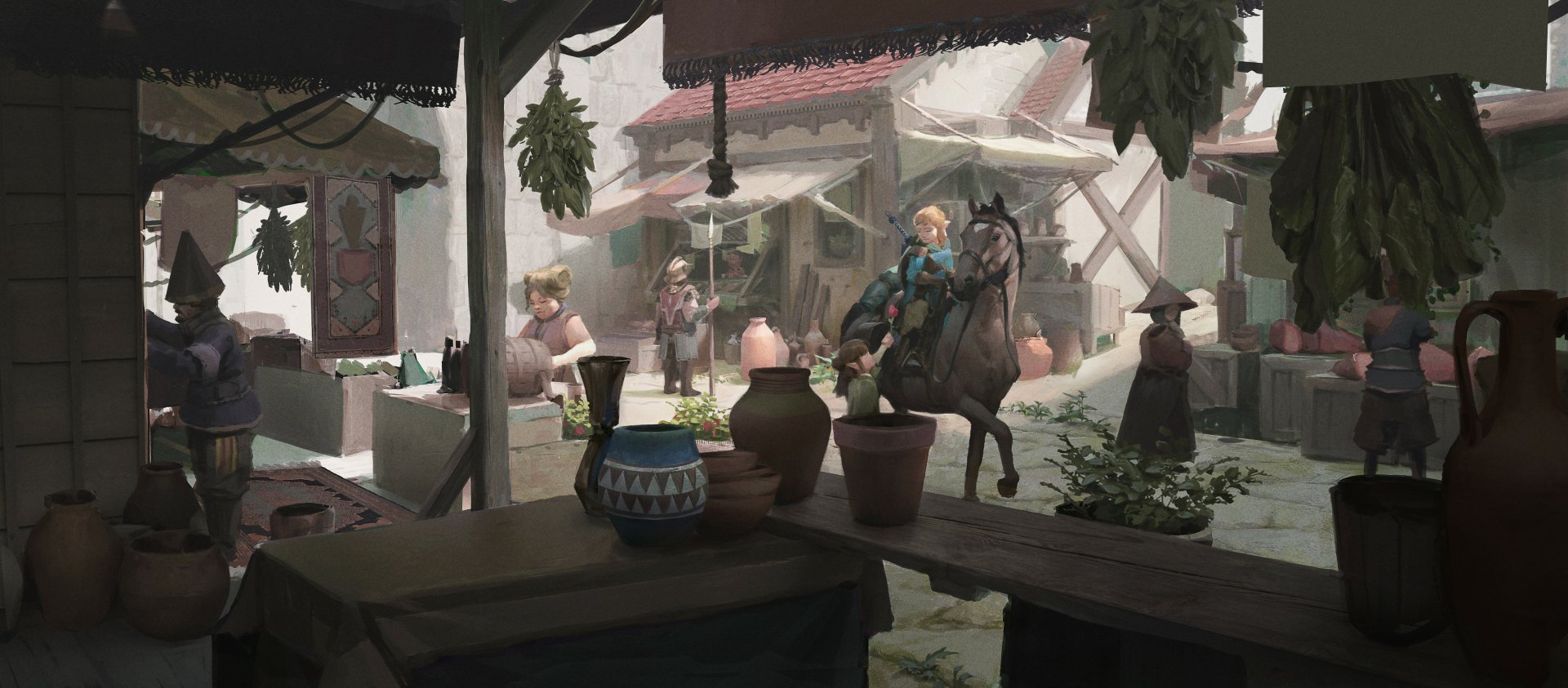 HD PC desktop wallpaper depicting a bustling market scene from the video game The Legend of Zelda: Tears of the Kingdom.