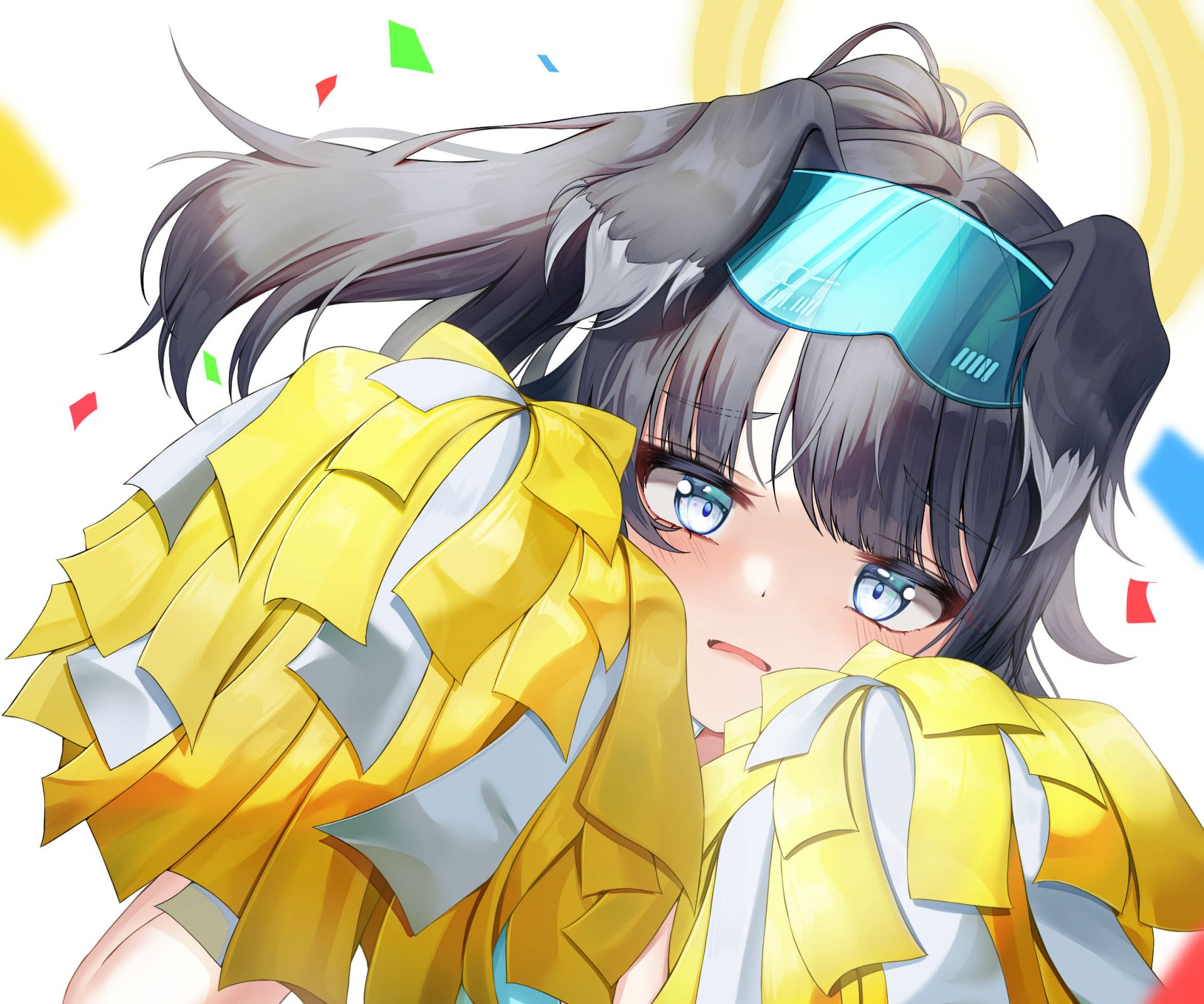 HD PC desktop wallpaper of video game character Nekozuka Hibiki from Blue Archive — close-up of her blue-eyed, black-and-white hair, goggles and yellow pom-poms with a shy, blushing expression.