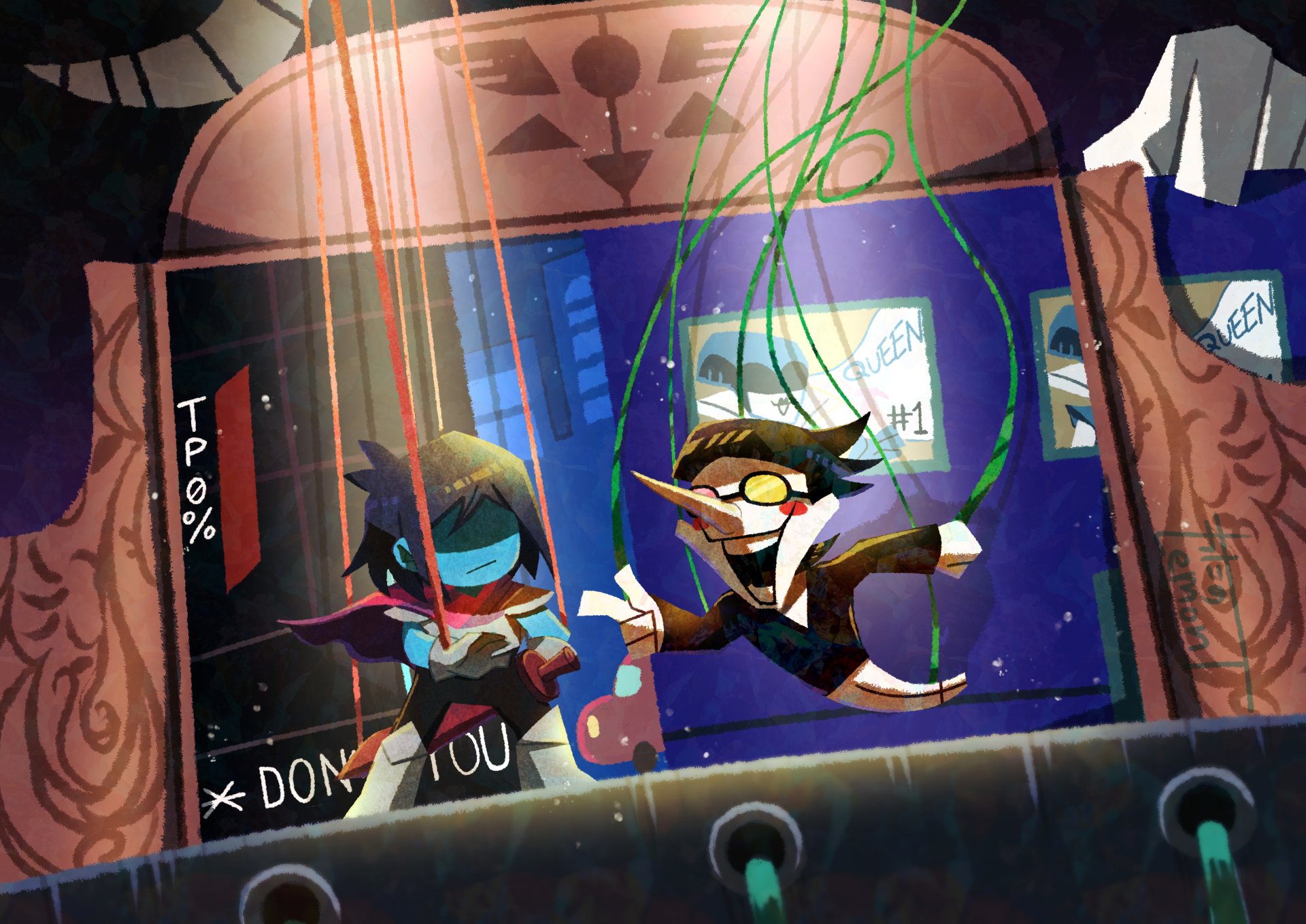 4K Ultra HD wallpaper featuring Spamton G. Spamton and Kris from the video game Deltarune in a dynamic, cyber-themed scene.