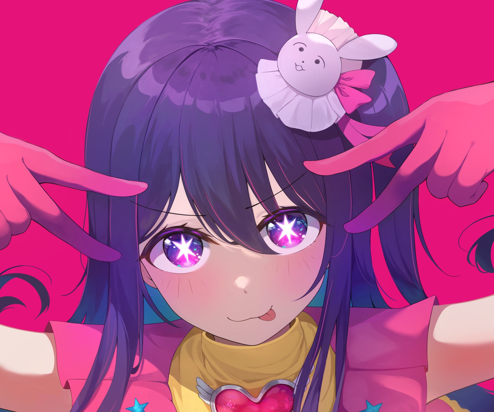 Ai Hoshino from Oshi no Ko anime, depicted in vibrant 4K Ultra HD with sparkling eyes and playful expression, set against a bold pink background.