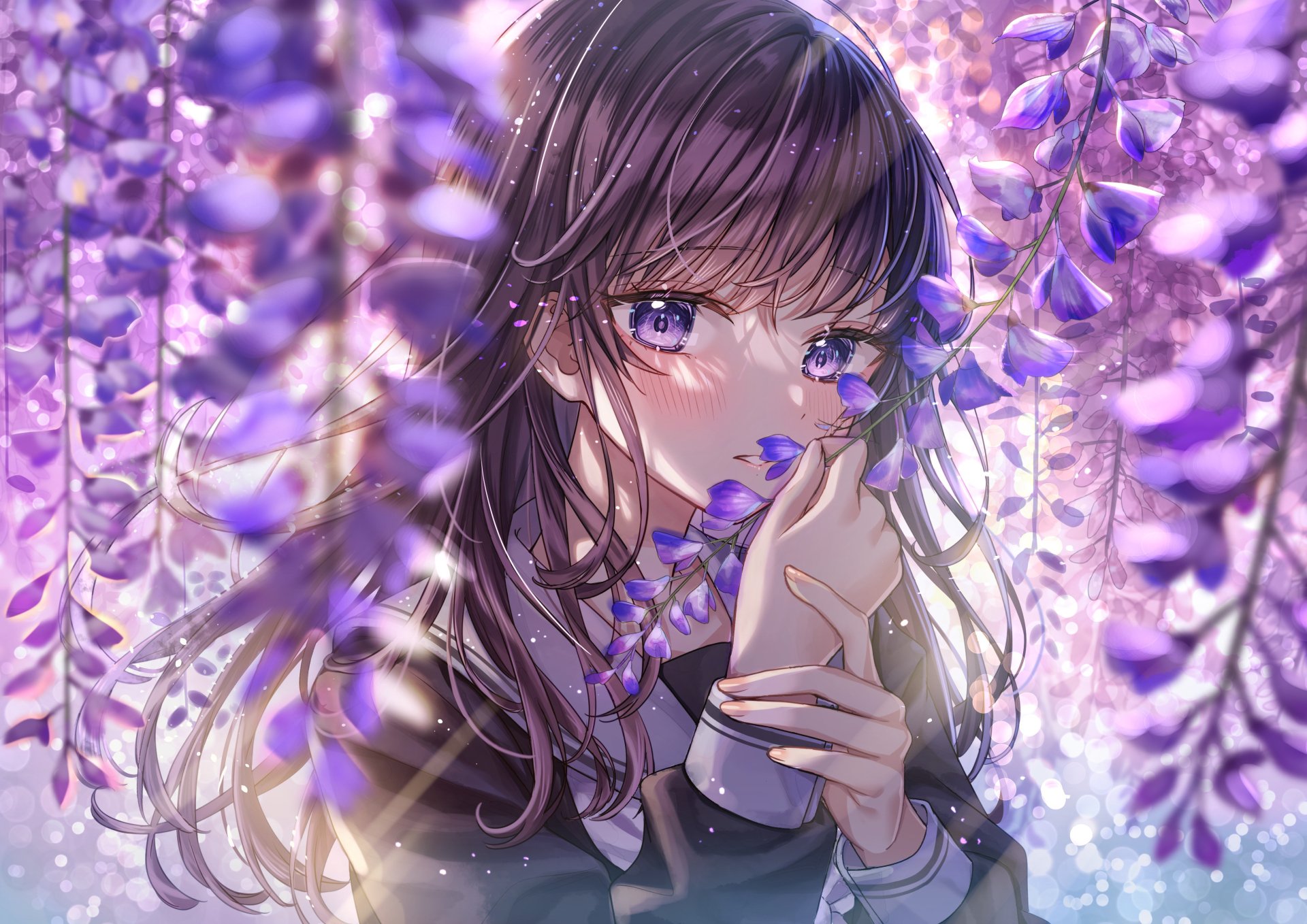 A 4K Ultra HD anime girl with long dark hair and vibrant purple eyes surrounded by cascading purple flowers, creating a serene and captivating desktop wallpaper.