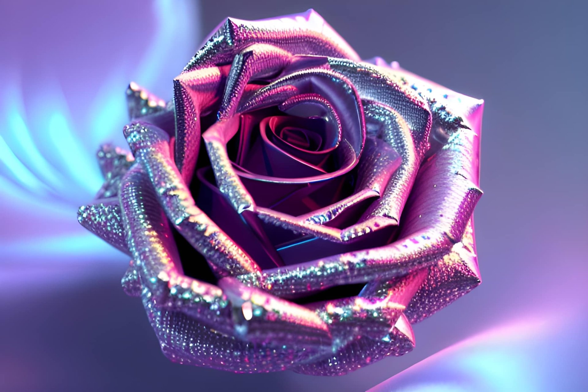 HD PC desktop wallpaper featuring a shimmering, metallic rose rendered in vibrant purples and blues, created with AI art techniques.