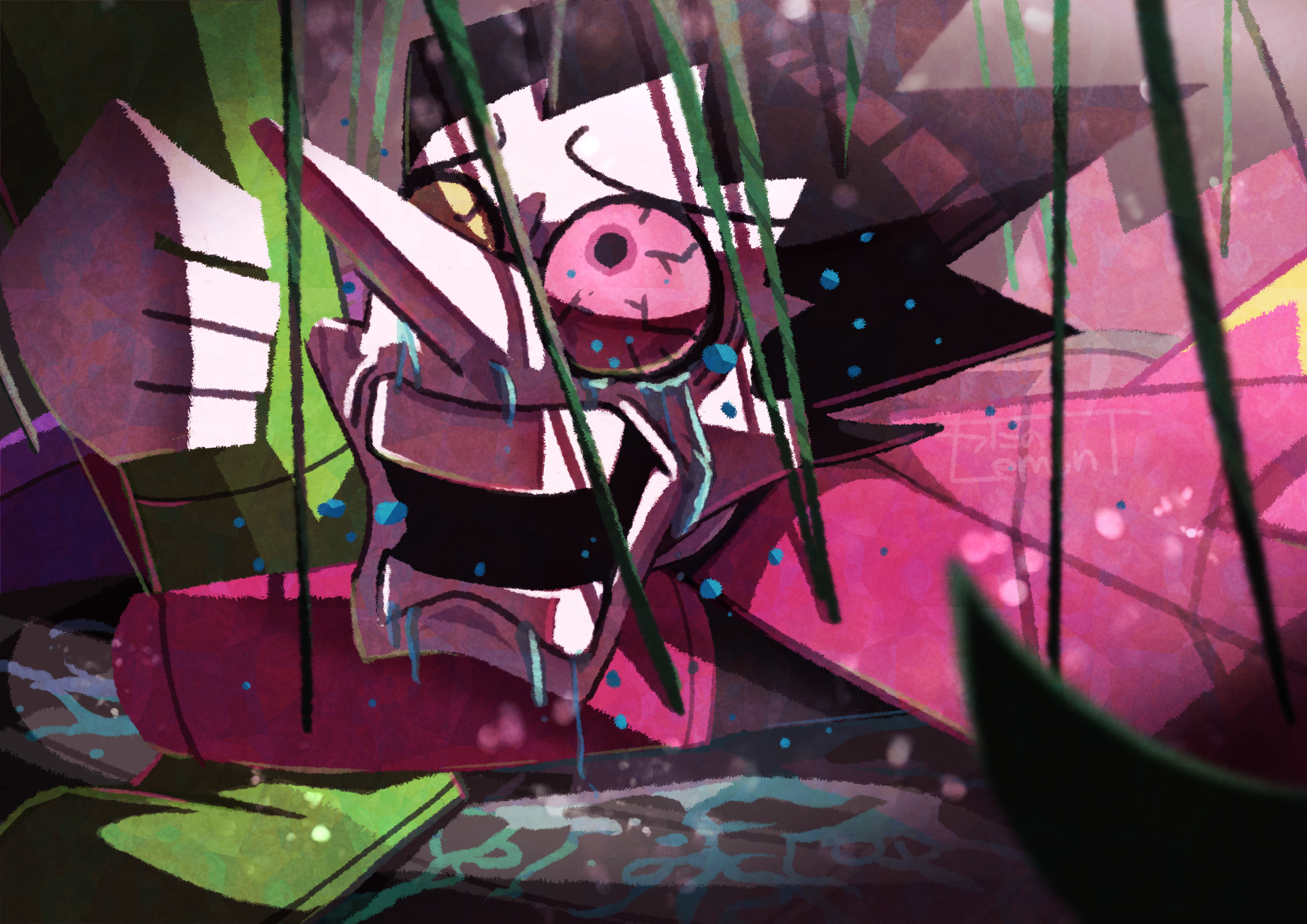 Spamton G. Spamton from Deltarune depicted in a vibrant, abstract 4K Ultra HD video game wallpaper with dynamic colors and sharp geometric shapes.