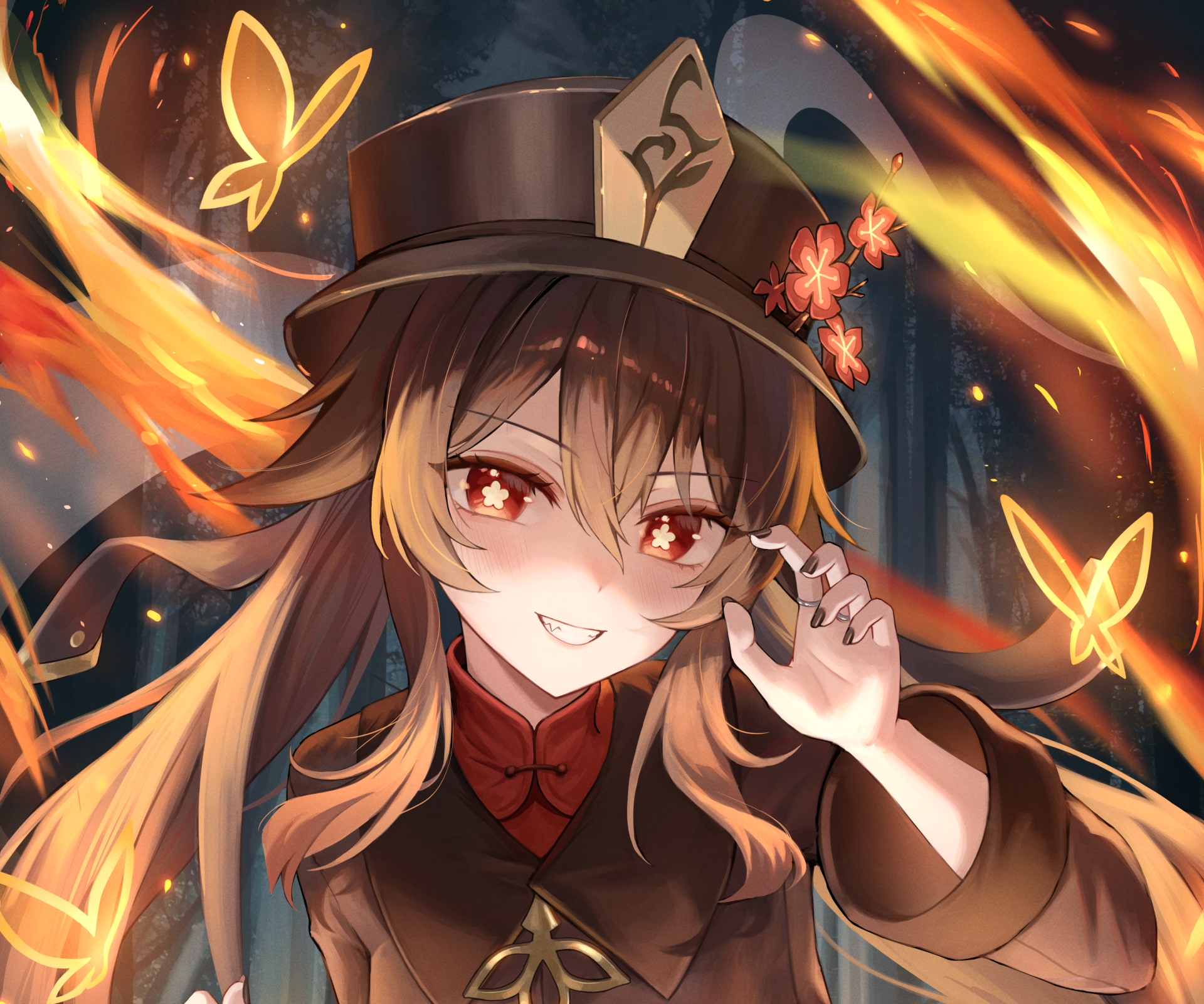 HD PC desktop wallpaper featuring Hu Tao from the video game Genshin Impact, surrounded by glowing butterflies and warm fiery tones.