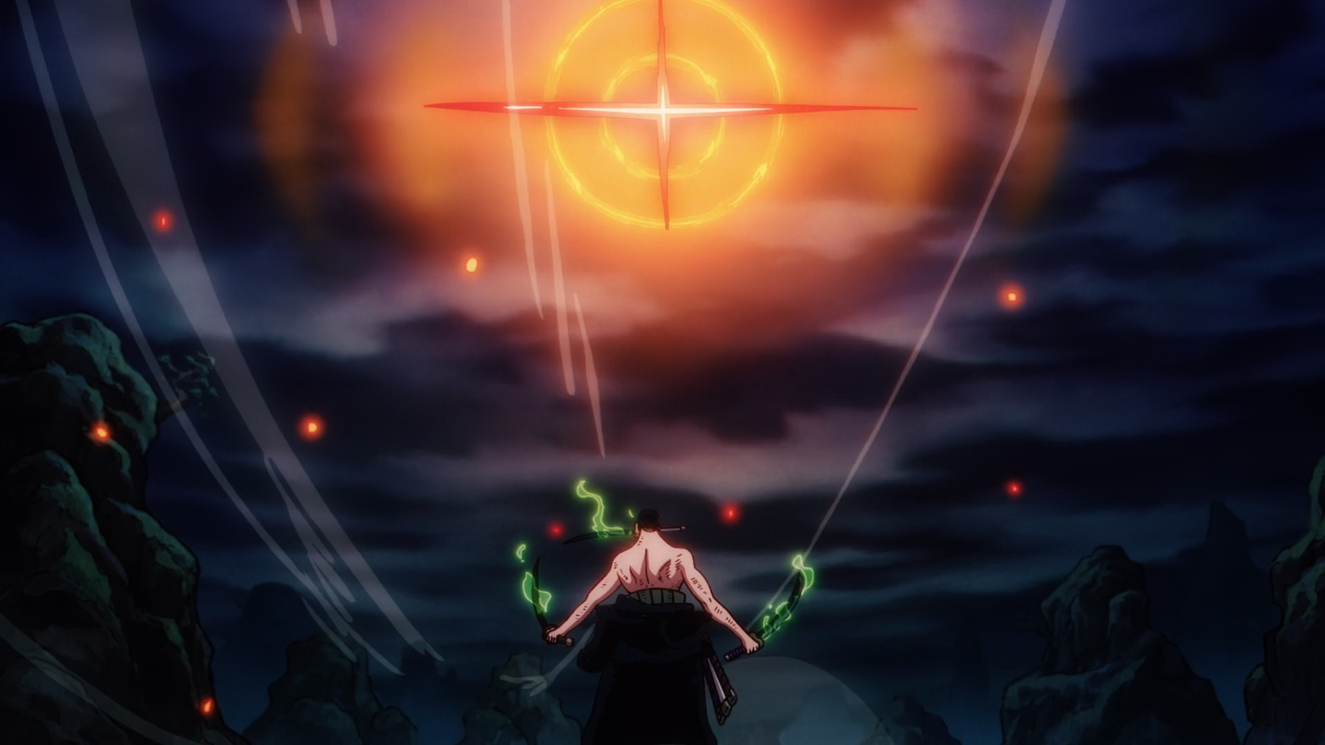 HD PC desktop wallpaper featuring Roronoa Zoro from the anime One Piece, depicted in a dramatic scene with glowing green swords and an intense fiery sky.