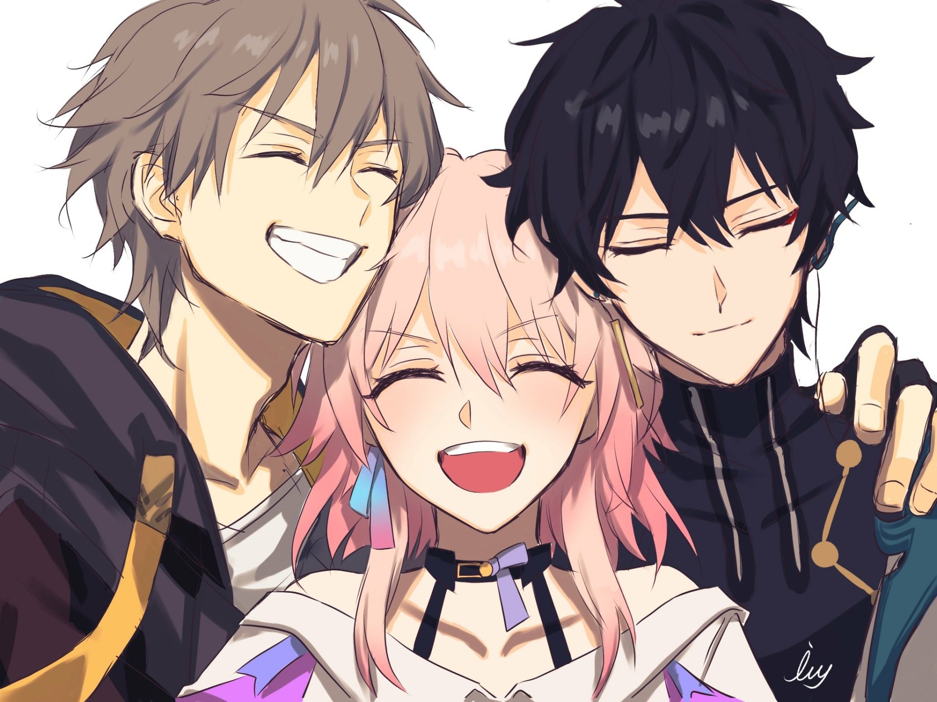 HD PC desktop wallpaper featuring Dan Heng and March 7th from the video game Honkai: Star Rail smiling and posing together.