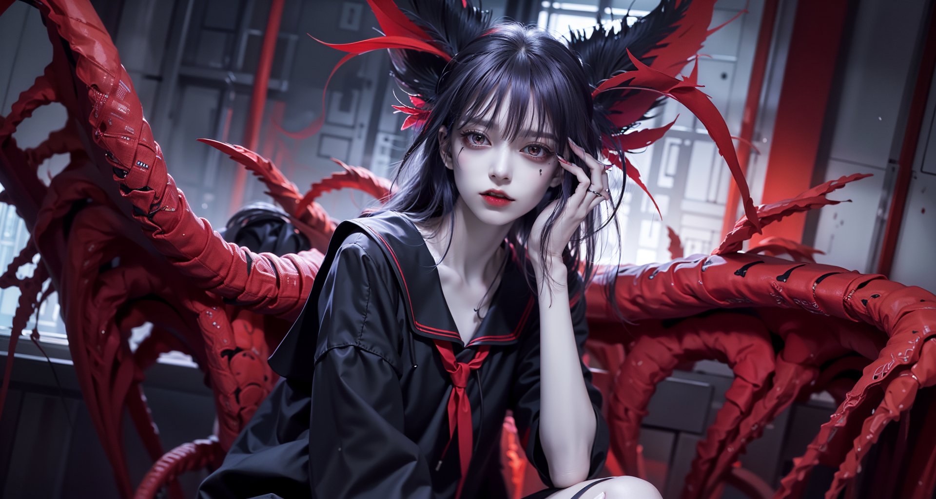 HD anime girl with dark hair and red accents, surrounded by red tentacle-like shapes, rendered in detailed AI art for a striking PC desktop wallpaper background.
