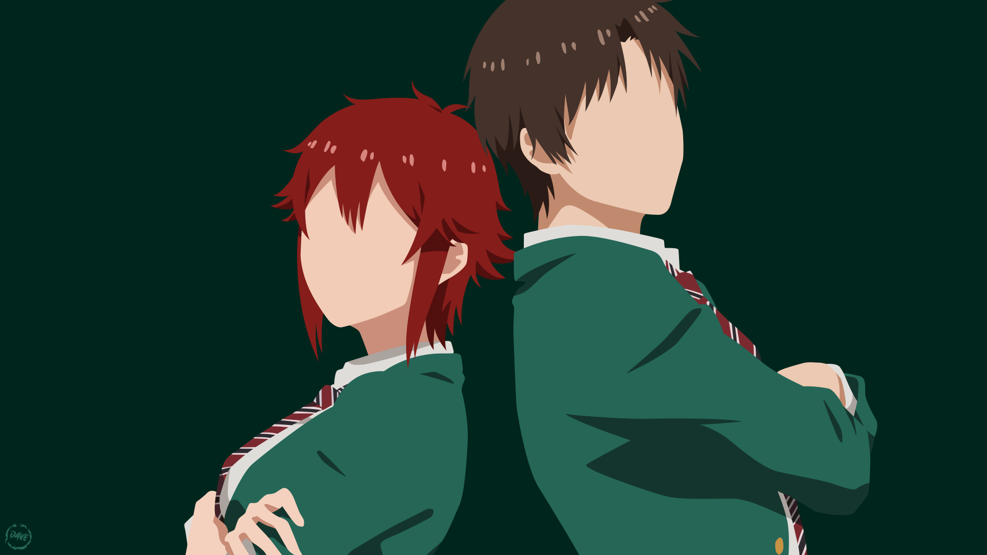 Minimalist 4K Ultra HD anime wallpaper featuring faceless characters Junichirou Kubota and Tomo Aizawa from Tomo-chan Is a Girl! against a dark background.