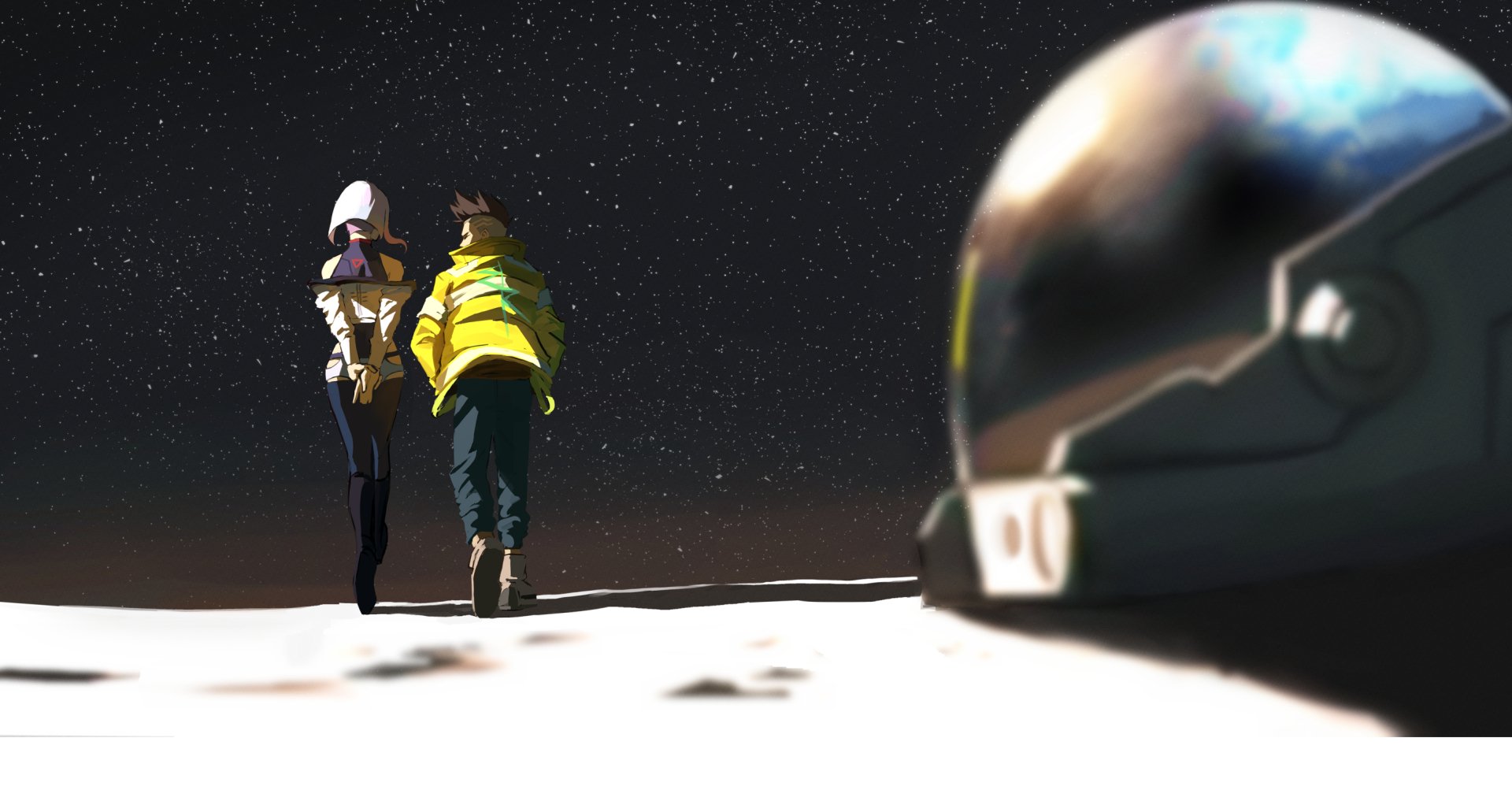 A HD wallpaper featuring David and Lucy from Cyberpunk: Edgerunners walking in a futuristic, starry landscape with a helmet in the foreground.