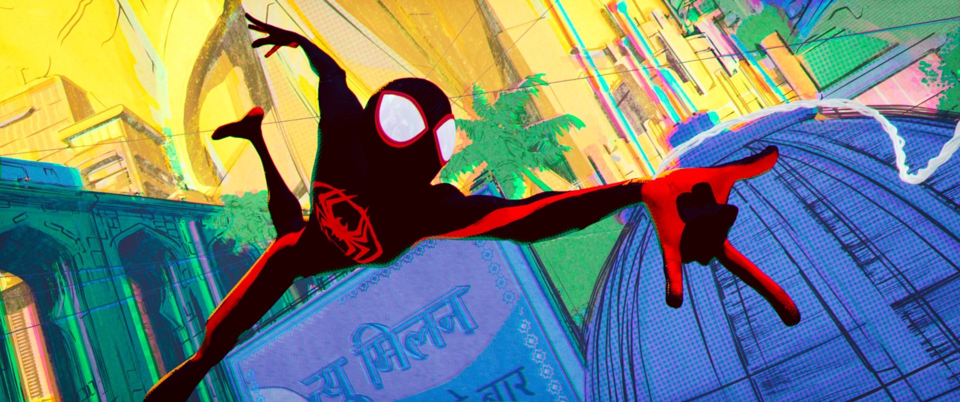 Dynamic HD wallpaper featuring Spider-Man swinging through a colorful, stylized cityscape, inspired by Spider-Man: Across The Spider-Verse.