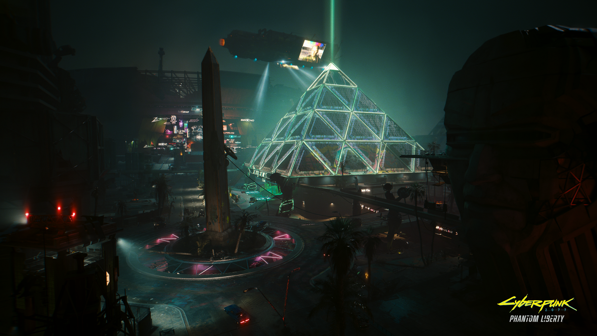 4K Ultra HD Cyberpunk 2077 PC desktop wallpaper featuring a neon-lit futuristic cityscape with a glowing pyramid structure and an obelisk under a dark sky.