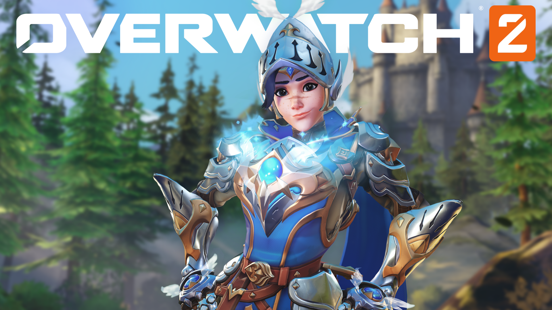 HD Overwatch 2 desktop wallpaper featuring a character in a blue armor suit, set against a forest backdrop.