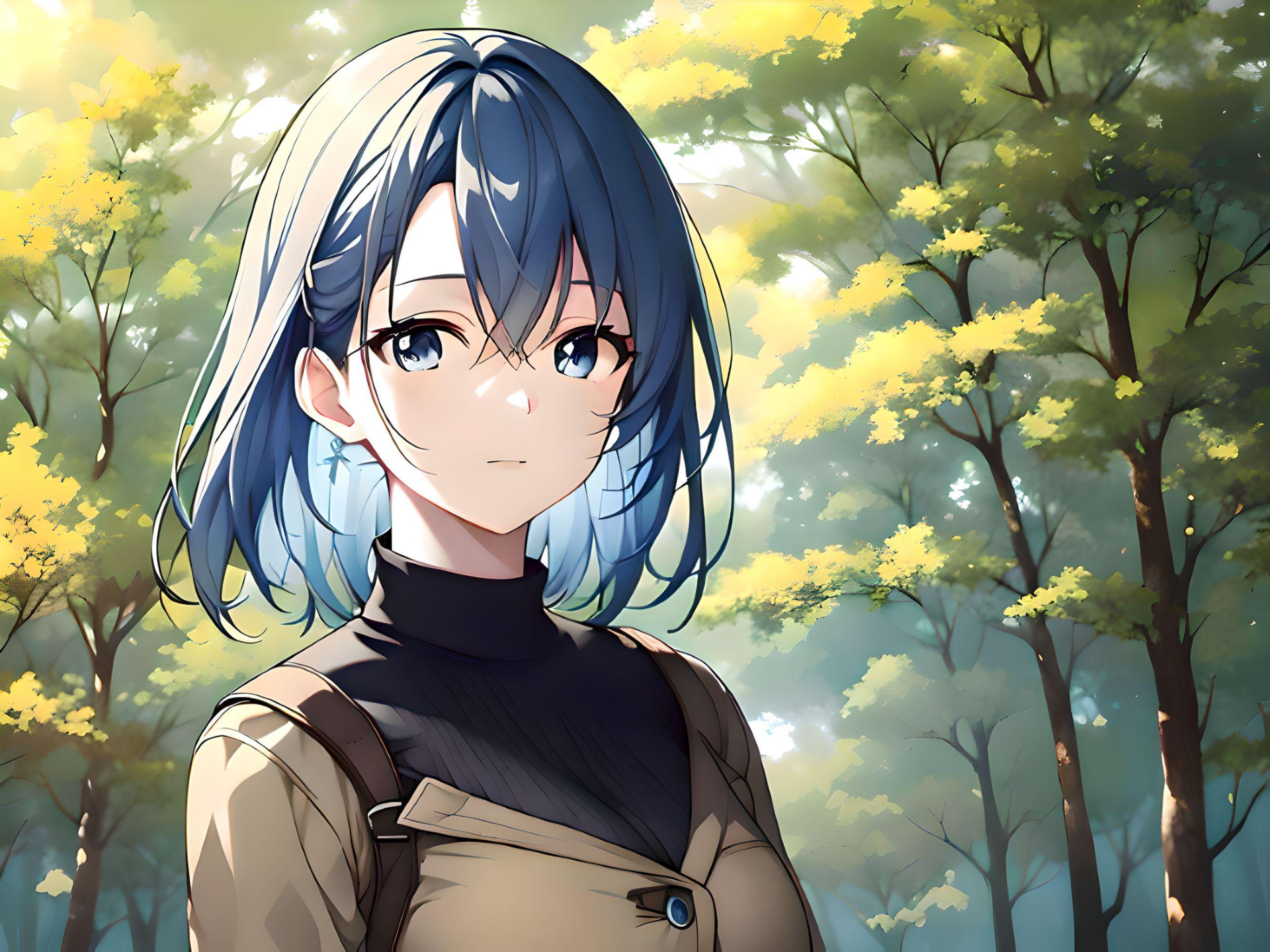 4K Ultra HD anime-style digital art of a girl with blue hair standing in a sunlit forest, blending detailed AI art techniques for a vivid PC desktop wallpaper.