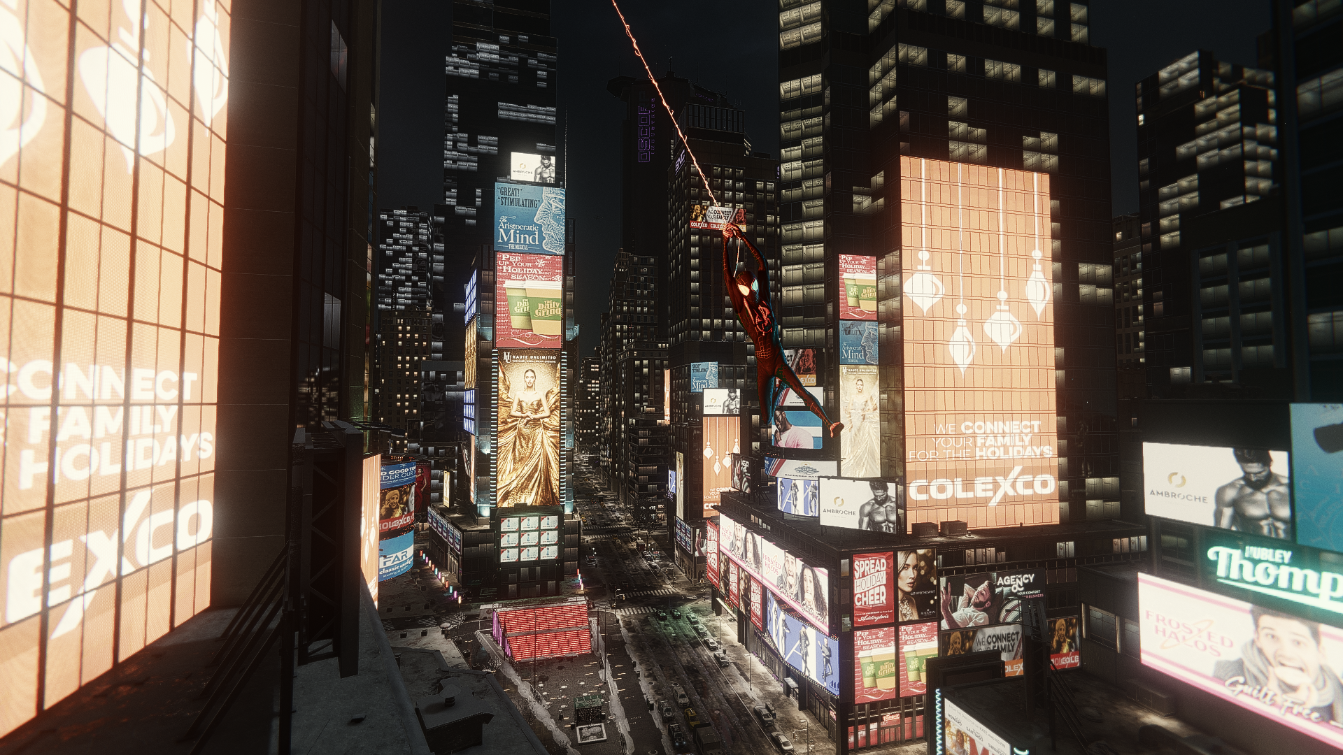 Spider-man Miles Morales swinging in Times Square by rhyFeddol by rhyfeddol