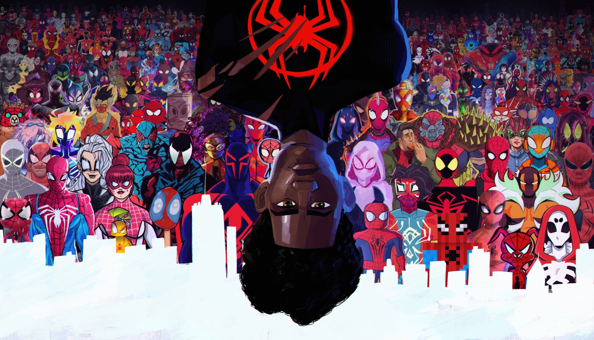 An 8K Ultra HD desktop wallpaper featuring Spider-Man: Across the Spider-Verse characters in a vibrant, detailed montage with a cityscape background.