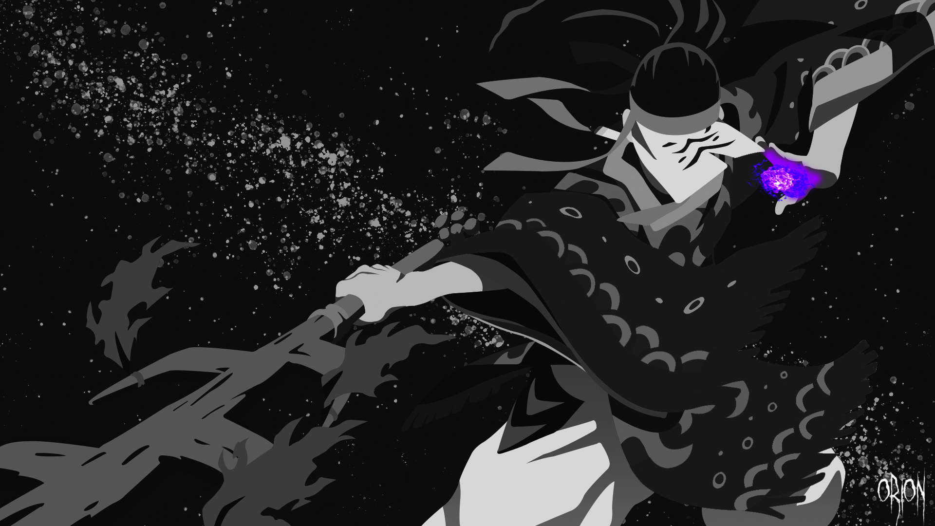 HD PC desktop wallpaper of Demon Slayer: Kimetsu no Yaiba — a masked warrior mid-kugura dance, blade raised, purple energy glow and bold ink-splatter accents.