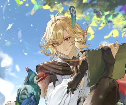 HD PC desktop wallpaper featuring Kaveh from the video game Genshin Impact, holding a sketchbook with a serene outdoor background.