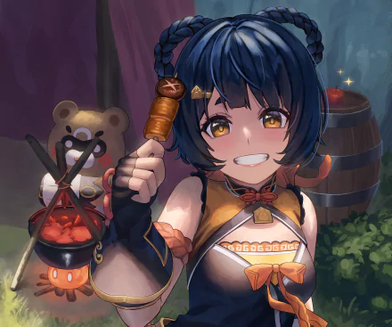 Xiangling (Genshin Impact), from the video game, grinning while holding a skewer beside a cooking cauldron; vivid 2K Quad HD PC desktop wallpaper.