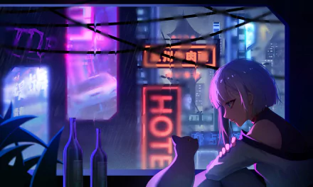 HD desktop wallpaper featuring Lucy from Cyberpunk: Edgerunners, set against a neon-lit cityscape at night, with a HOTEL sign visible in the background. Lucy is seen sitting pensively by a window.