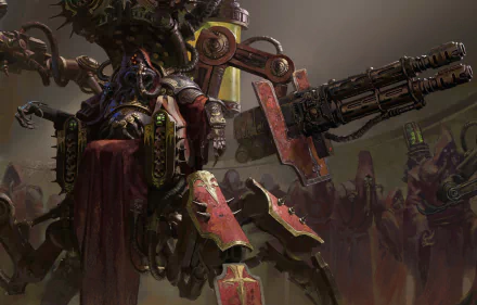 HD PC desktop wallpaper depicting a commanding Warhammer 40k character armed with heavy weaponry in a dark, war-torn environment from the video game.