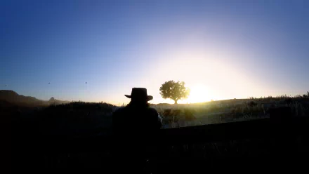 John Marston silhouette at sunrise by a lone tree — Red Dead Redemption (1 & 2) HD PC wallpaper, video game background