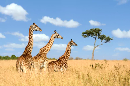 4K Ultra HD PC desktop wallpaper of three giraffes (animal) in a golden savanna beside a lone tree under a bright blue sky.